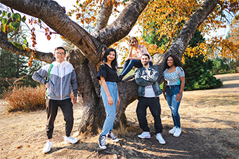 group of students posed near a large tree